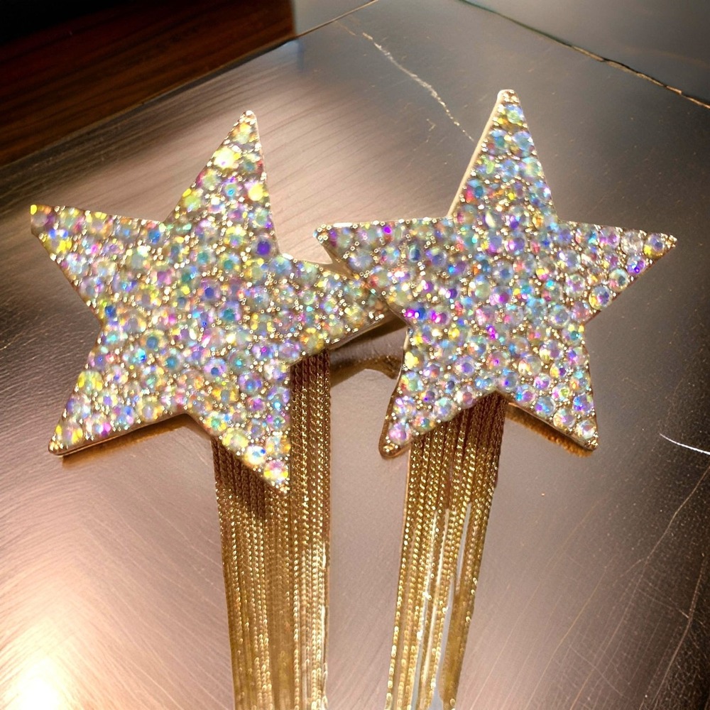 New Dallas Cowboy Aurora AB Rhinestone Star Tassle Dangle Chain Earrings